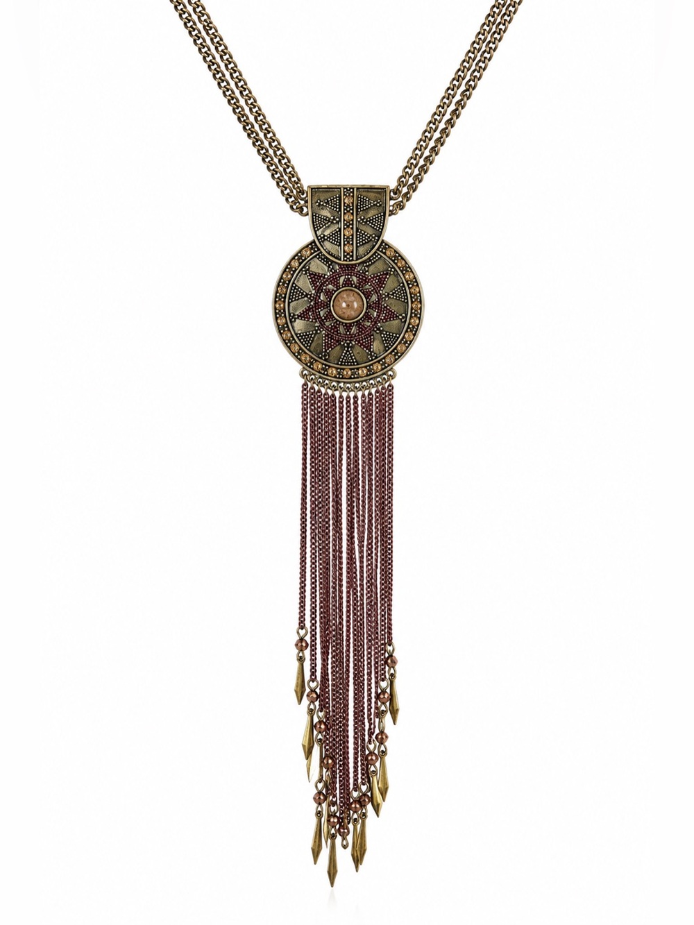 Vintage Antique Brass Boho Festival Glam Medallion Tassel Statement Necklace